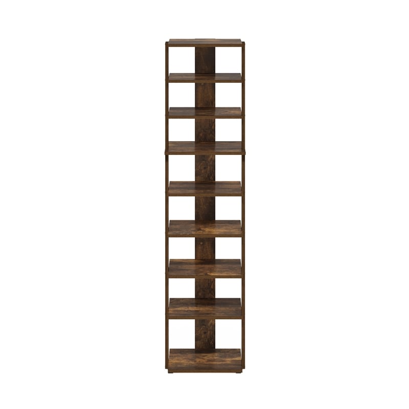 Furinno Compact 9-Tier Vertical Free Standing Shoe Tower in Shoe Rack Amber Pine