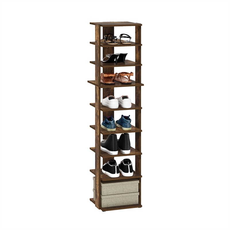 Furinno Compact 9-Tier Vertical Free Standing Shoe Tower in Shoe Rack Amber Pine