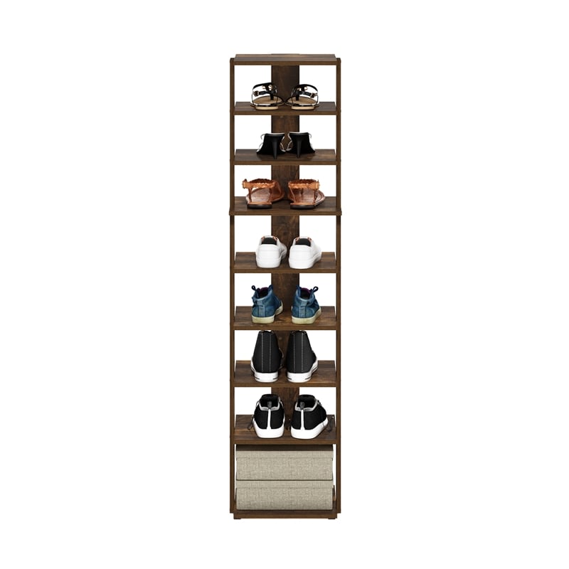 Furinno Compact 9-Tier Vertical Free Standing Shoe Tower in Shoe Rack Amber Pine