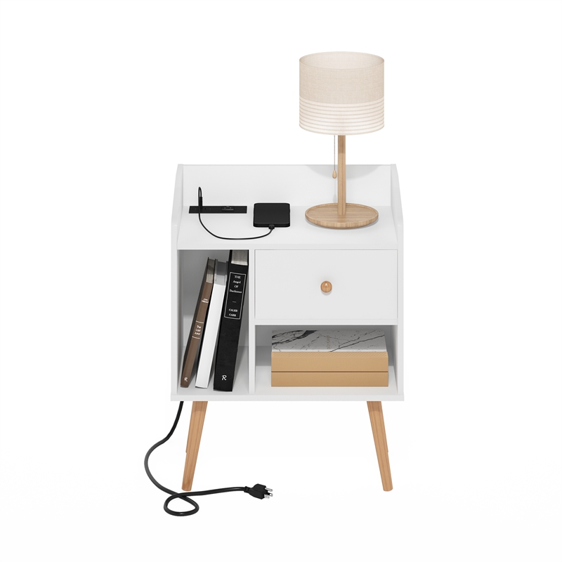 Furinno Claude Mid Century Style End Table in Side Table with USB and White