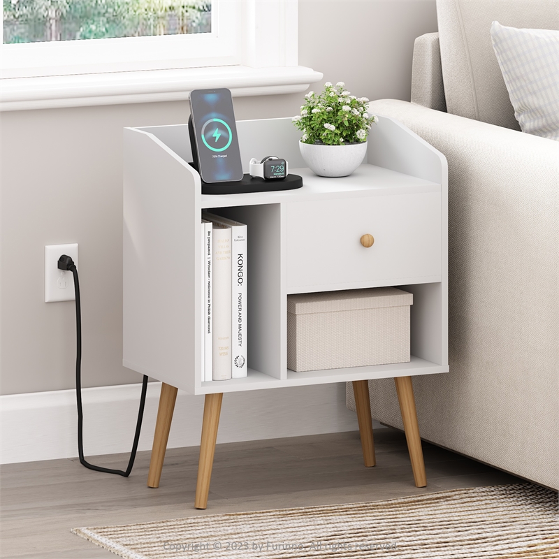 Furinno Claude Mid Century Style End Table in Side Table with USB and White