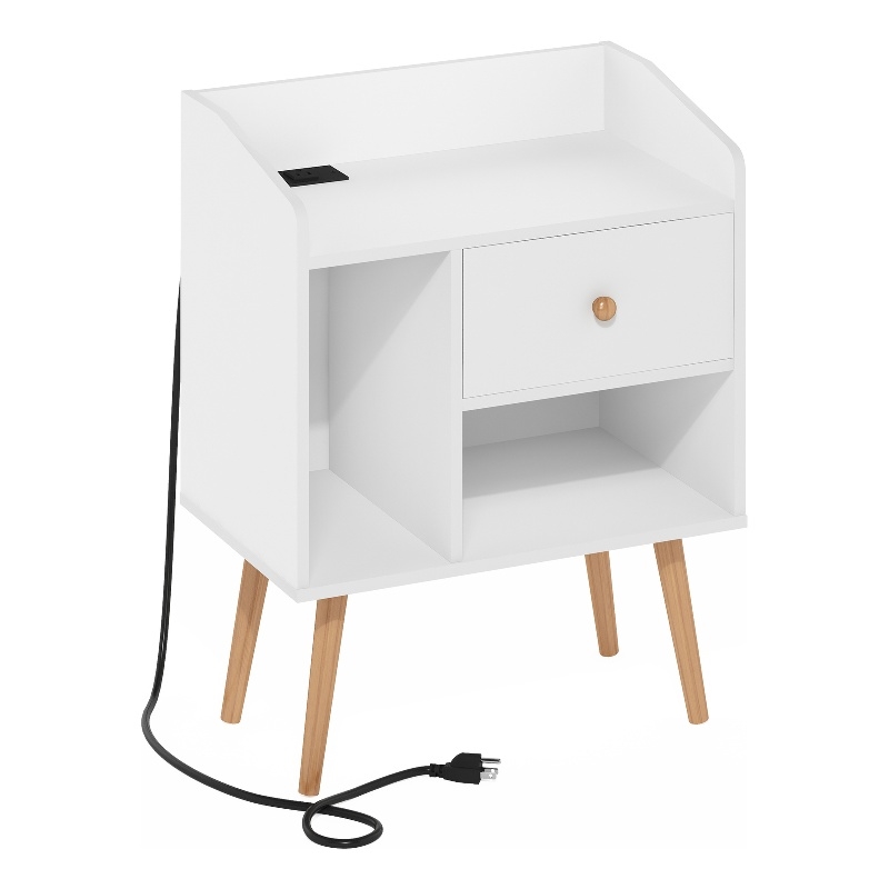 Furinno Claude Mid Century Style End Table in Side Table with USB and White