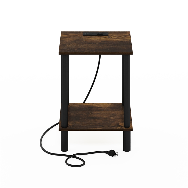 Furinno TURN-N-TUBE 2-Tier Side Table in End Table with USB and Amber Pine/Black