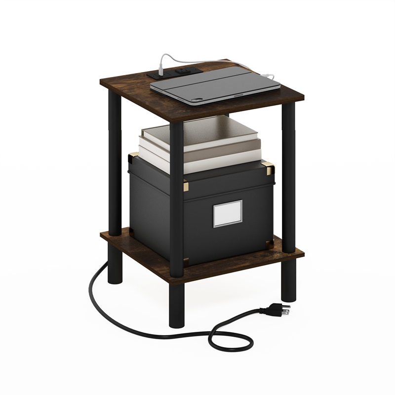 Furinno TURN-N-TUBE 2-Tier Side Table in End Table with USB and Amber Pine/Black
