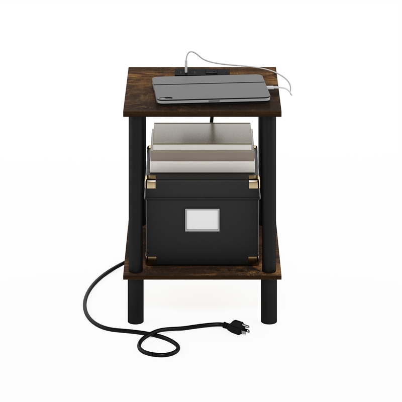 Furinno TURN-N-TUBE 2-Tier Side Table in End Table with USB and Amber Pine/Black