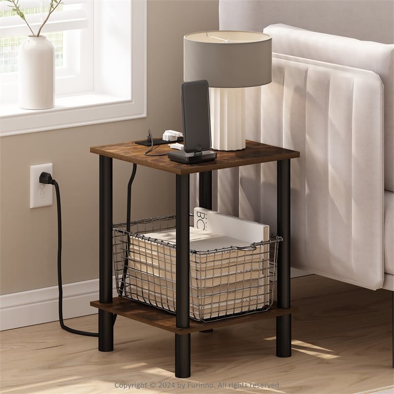 Furinno TURN-N-TUBE 2-Tier Side Table in End Table with USB and Amber Pine/Black