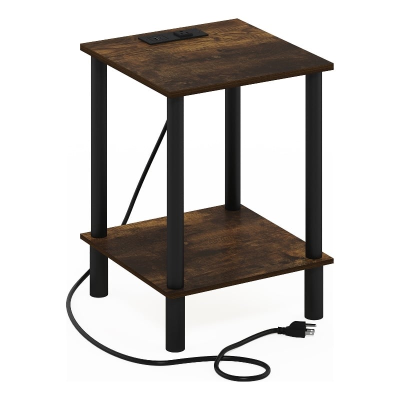Furinno TURN-N-TUBE 2-Tier Side Table in End Table with USB and Amber Pine/Black