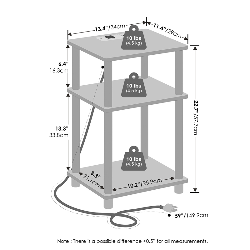 Furinno Just 3-Tier Turn-N-Tube Open Storage Nighstand in Amber Pine/Black