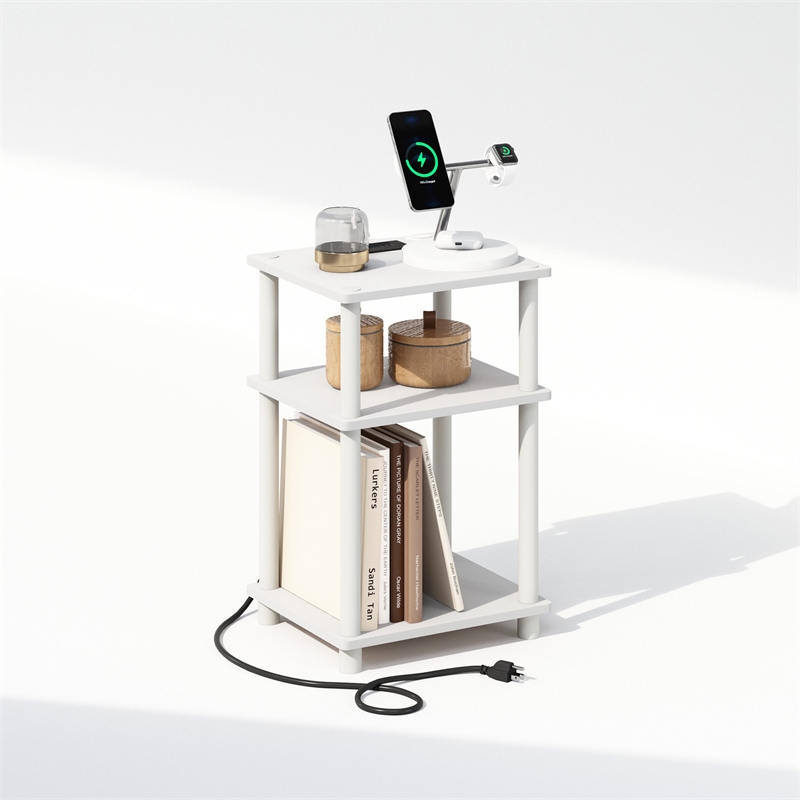 Furinno JUST 3-Tier Turn-N-Tube Open Storage Nighstand in Bedside White/White