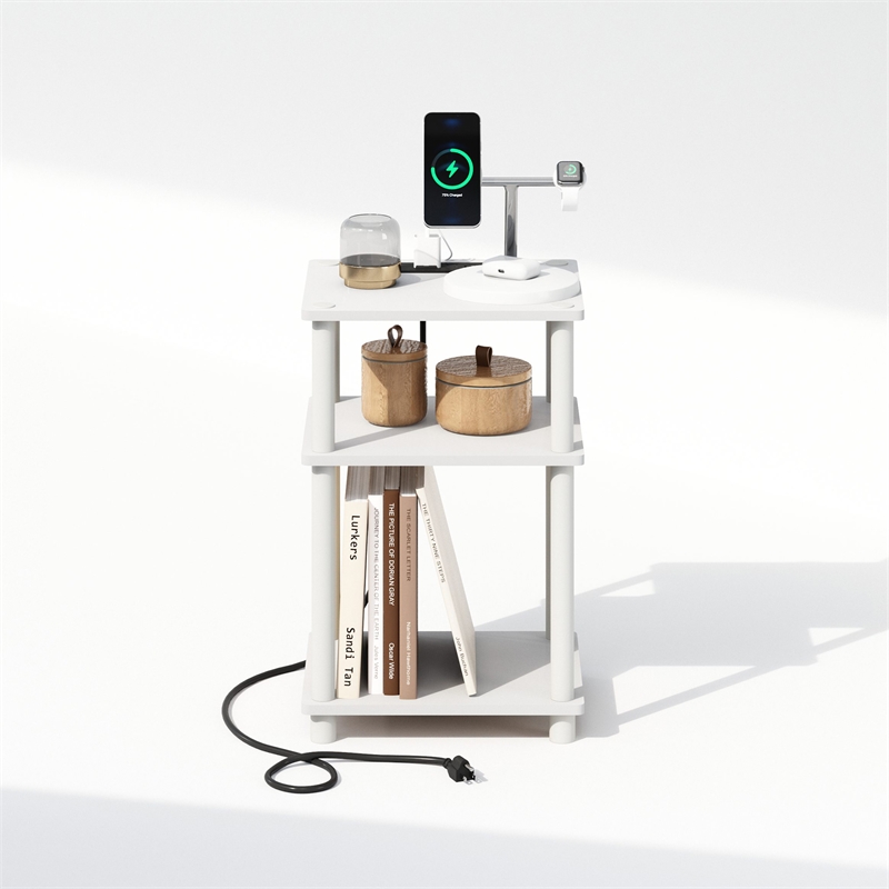 Furinno JUST 3-Tier Turn-N-Tube Open Storage Nighstand in Bedside White/White