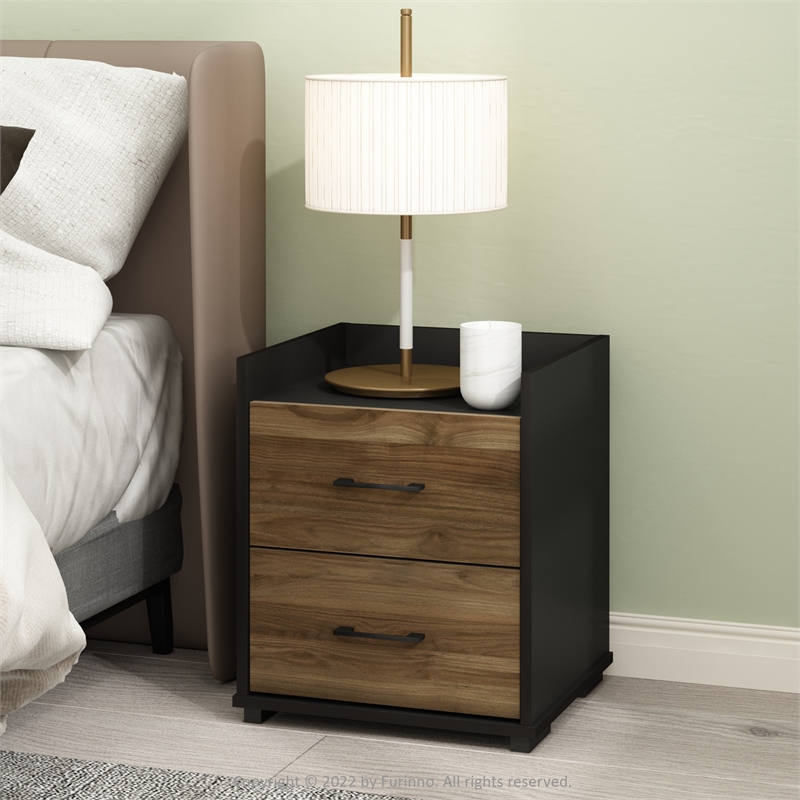 Furinno Tidur Modern Bedroom Bedside Tables Handle Columbia Walnut/Black