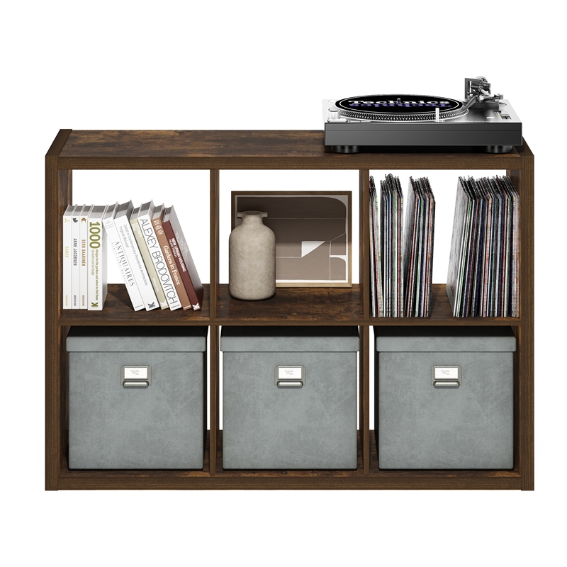 Furinno CUBICLE Open Back Decorative Cube Storage Organizer in 6-Cube Amber Pine