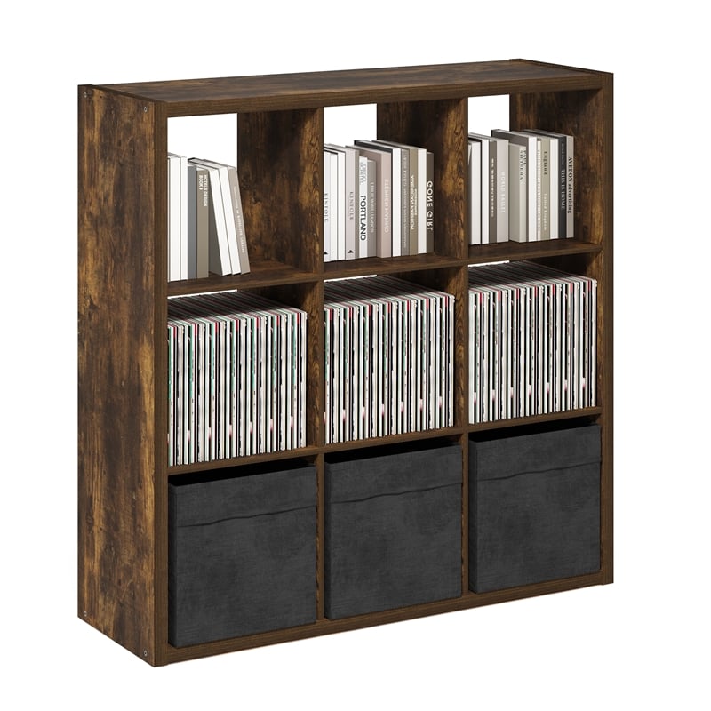 Furinno CUBICLE Open Back Decorative Cube Storage Organizer in 9-Cube Amber Pine