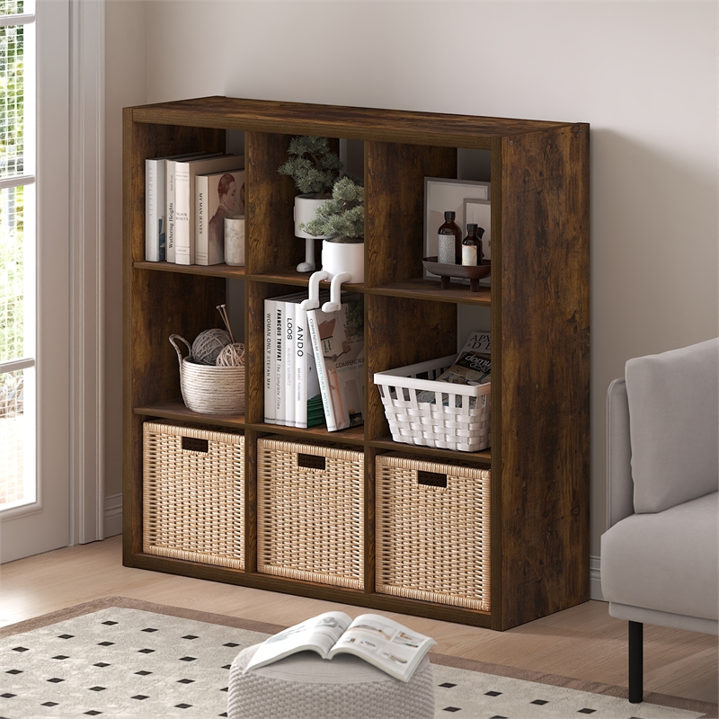 Furinno CUBICLE Open Back Decorative Cube Storage Organizer in 9-Cube Amber Pine