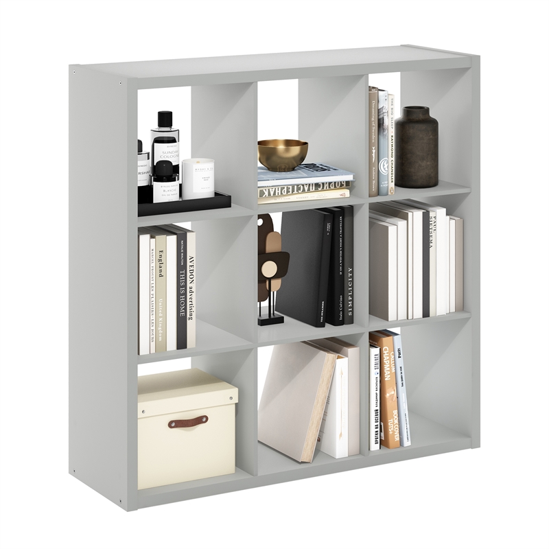 Furinno CUBICLE Open Back Decorative Cube Storage Organizer in 9-Cube Light Grey