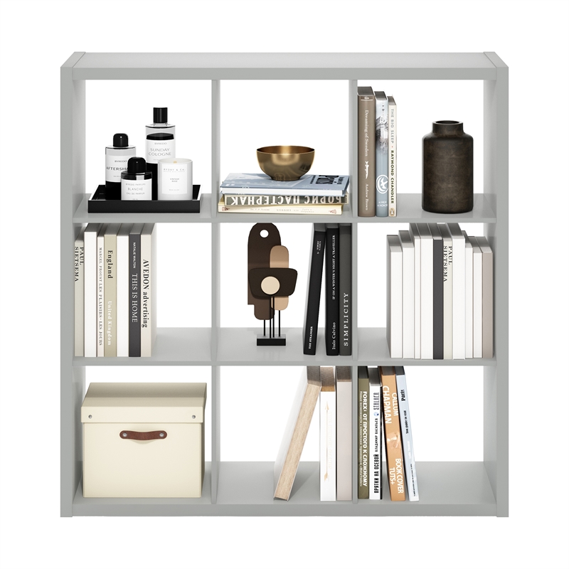 Furinno CUBICLE Open Back Decorative Cube Storage Organizer in 9-Cube Light Grey