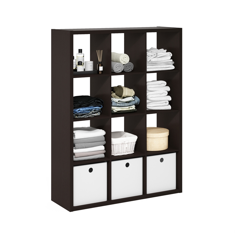 Furinno CUBICLE Open Back Decorative Cube Storage Organizer in 12-Cube Dark Oak