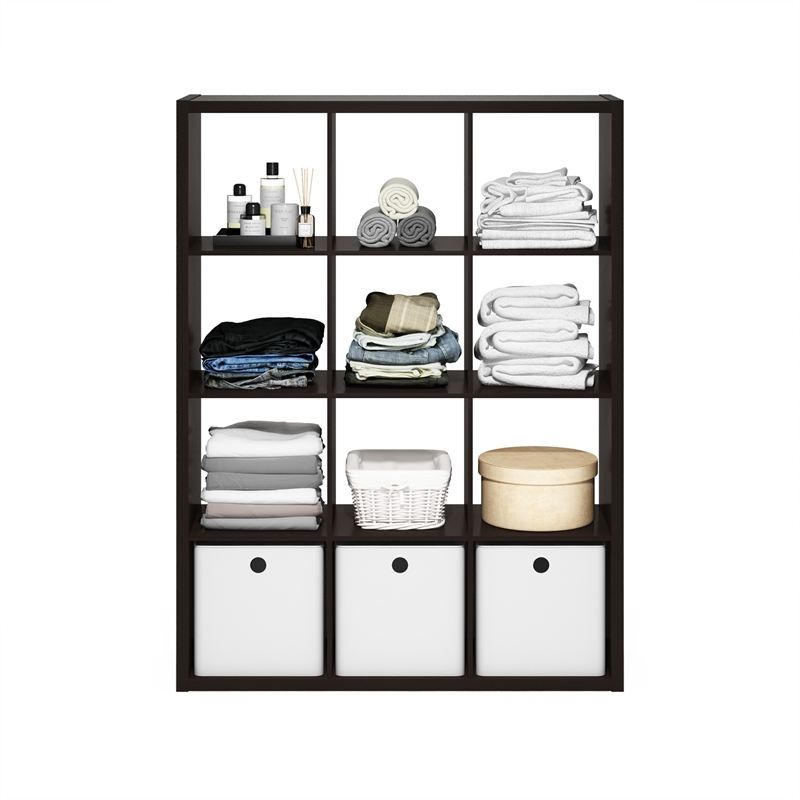 Furinno CUBICLE Open Back Decorative Cube Storage Organizer in 12-Cube Dark Oak