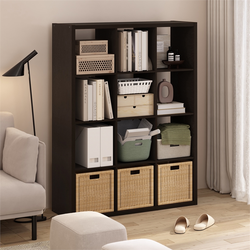 Furinno CUBICLE Open Back Decorative Cube Storage Organizer in 12-Cube Dark Oak