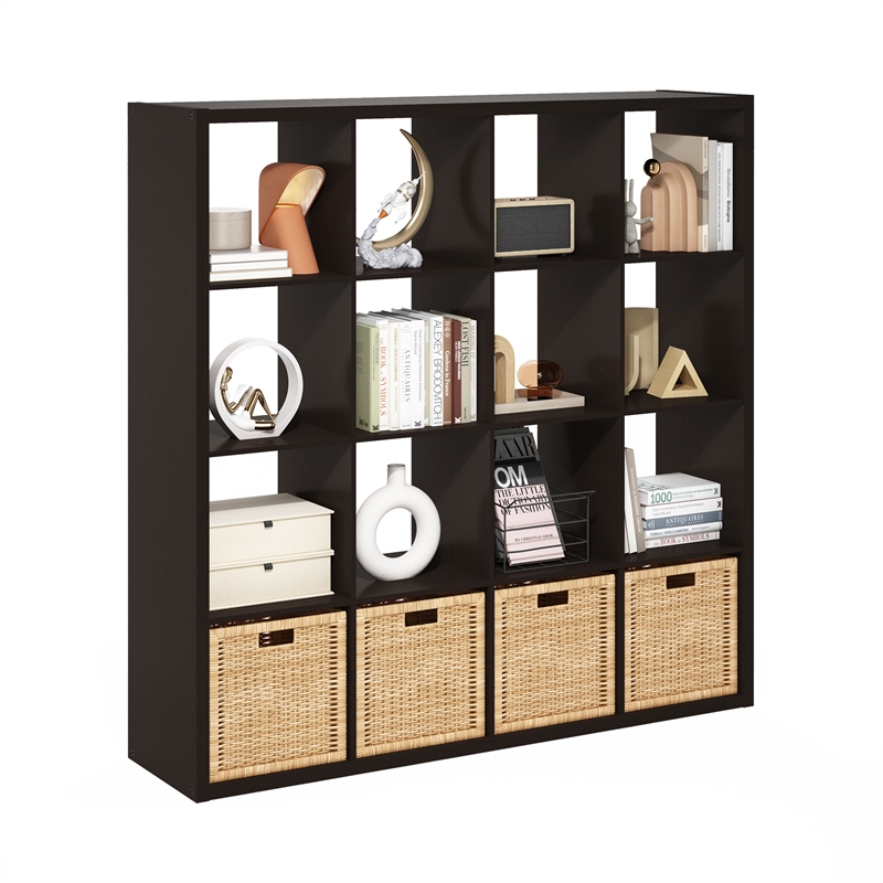 Furinno CUBICLE Open Back Decorative Cube Storage Organizer in 16-Cube Dark Oak