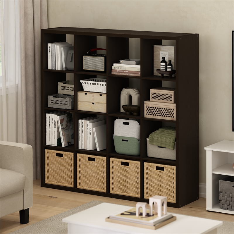 Furinno CUBICLE Open Back Decorative Cube Storage Organizer in 16-Cube Dark Oak