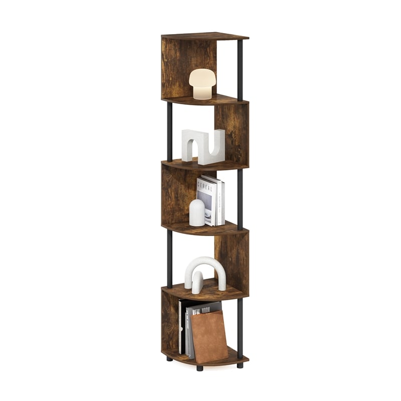 Furinno ECON 5-Tier Zigzag Corner Shelf Bookcase in Bookshelf Amber Pine/Black