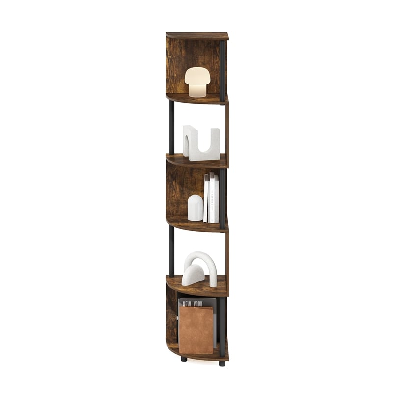 Furinno ECON 5-Tier Zigzag Corner Shelf Bookcase in Bookshelf Amber Pine/Black