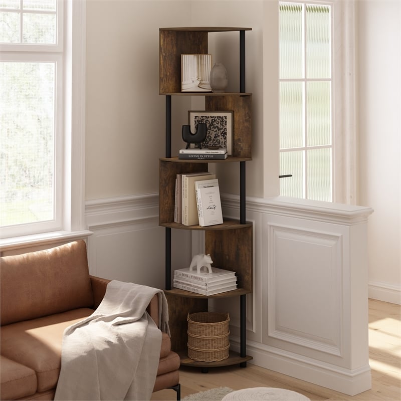 Furinno ECON 5-Tier Zigzag Corner Shelf Bookcase in Bookshelf Amber Pine/Black