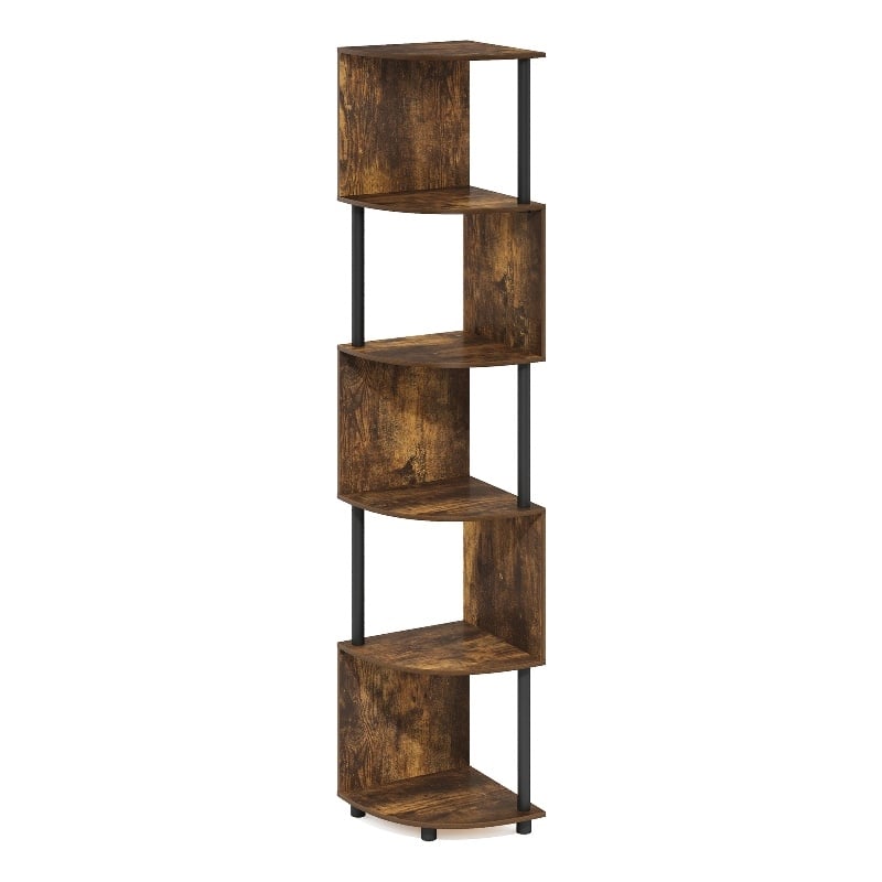 Furinno ECON 5-Tier Zigzag Corner Shelf Bookcase in Bookshelf Amber Pine/Black