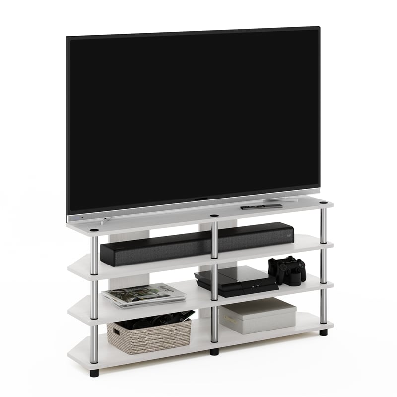 Furinno ECON Easy Assembly 4-Tier Corner TV Stand for White Oak/Stainless Steel