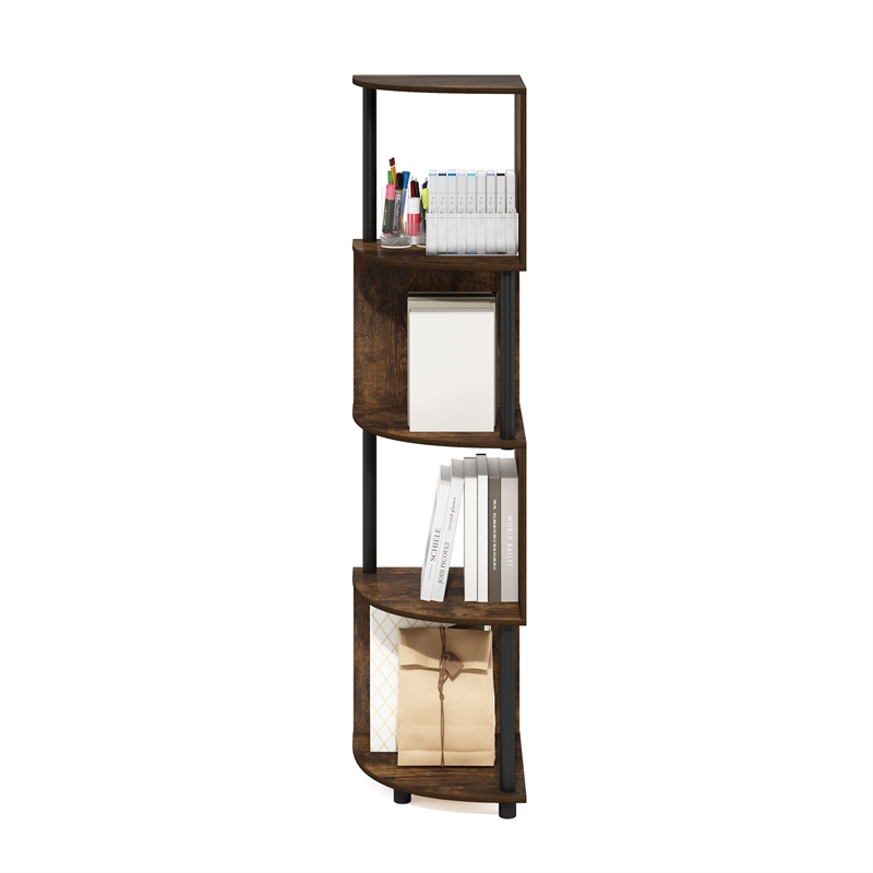 Furinno ECON 4-Tier Zigzag Corner Shelf Bookcase in Bookshelf Amber Pine/Black