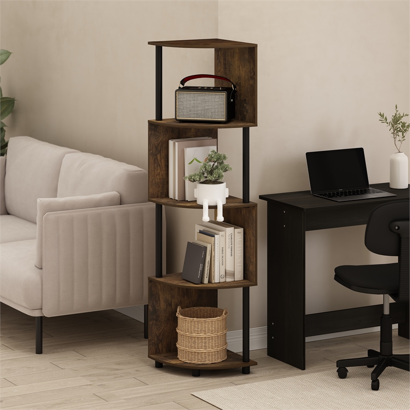 Furinno ECON 4-Tier Zigzag Corner Shelf Bookcase in Bookshelf Amber Pine/Black