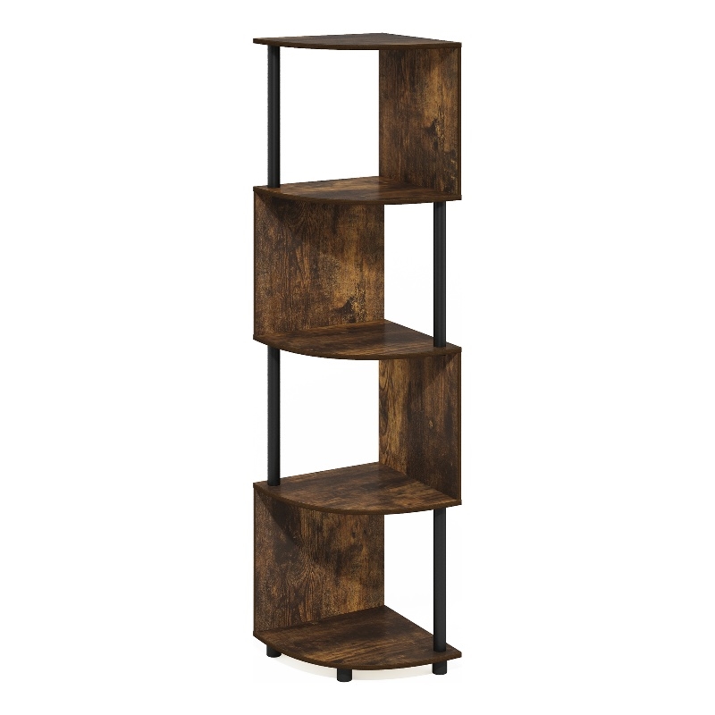 Furinno ECON 4-Tier Zigzag Corner Shelf Bookcase in Bookshelf Amber Pine/Black