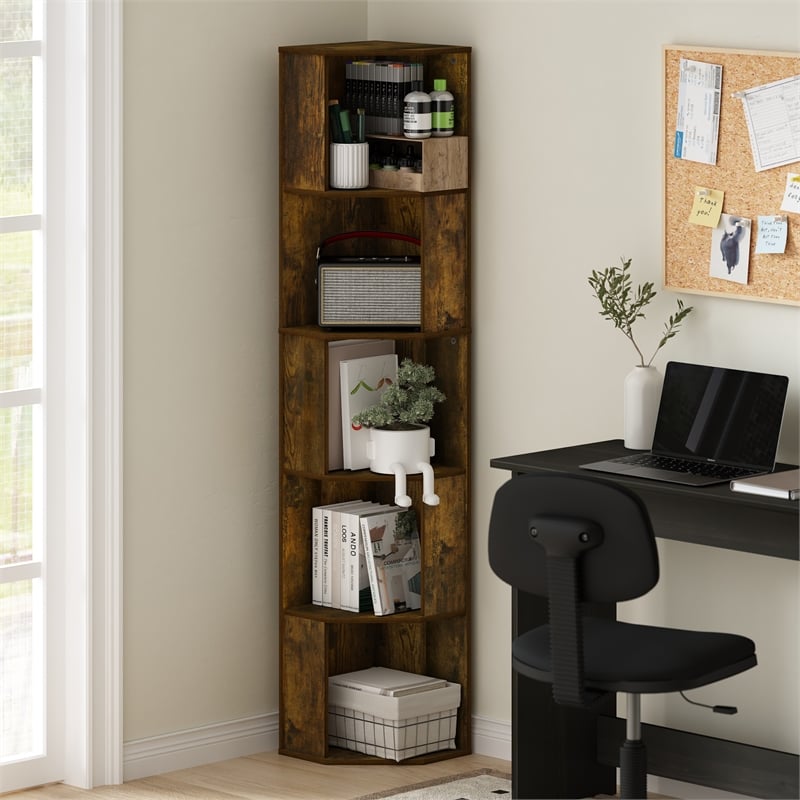 Furinno ECON 5-Tier Freestanding Corner Shelf Bookcase in Bookshelf Amber Pine