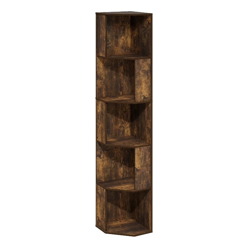 Furinno ECON 5-Tier Freestanding Corner Shelf Bookcase in Bookshelf Amber Pine