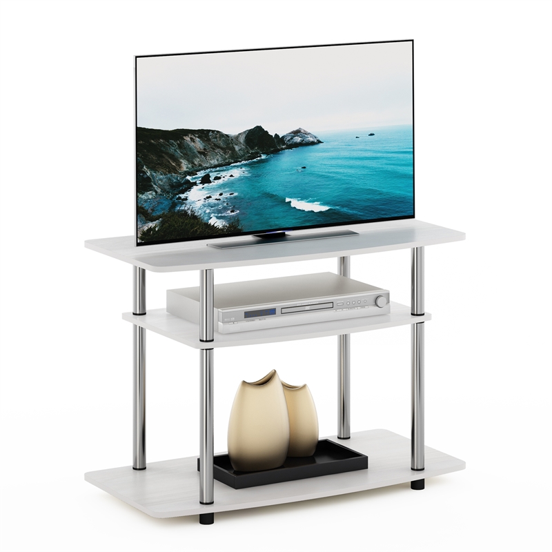 Furinno TURN-N-TUBE No Tools 3-Tier TV Stands in White Oak Stainless Steel Tubes