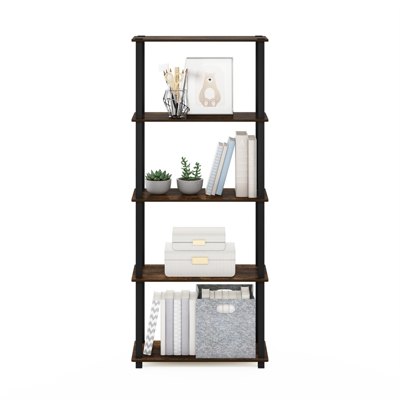 Furinno TURN-S-TUBE 5-Tier Multipurpose Shelf Display Rack with Amber Pine/Black