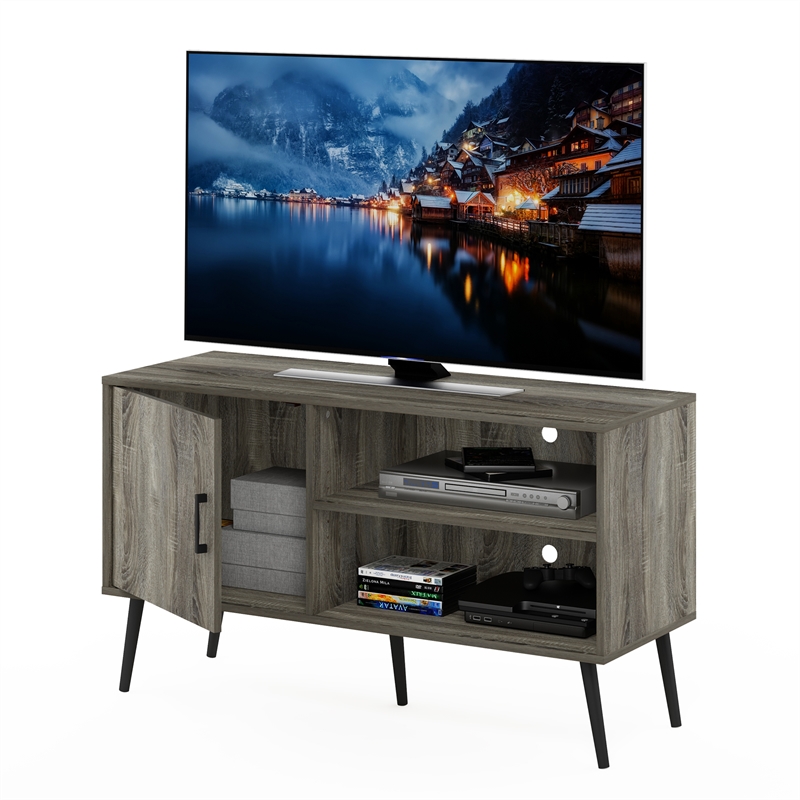 Furinno Claude Mid Century Style TV Stand with Wood Legs in One French Oak Grey