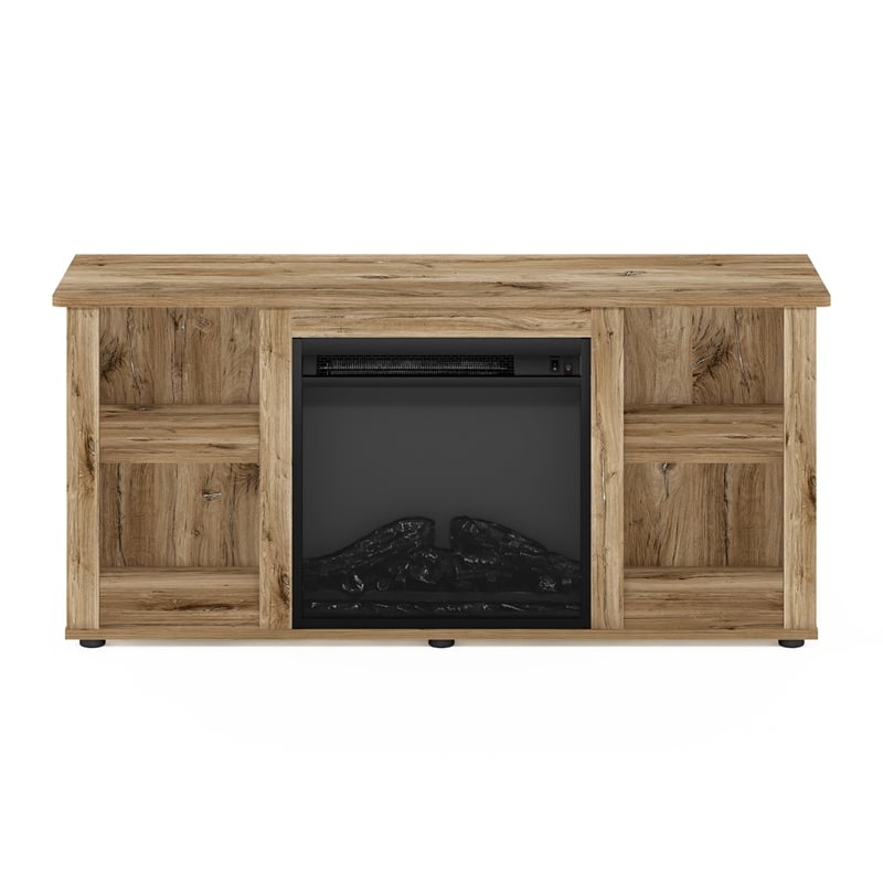Furinno JENSEN Entertainment Center TV Stand with Fireplace for TV Flagstaff Oak