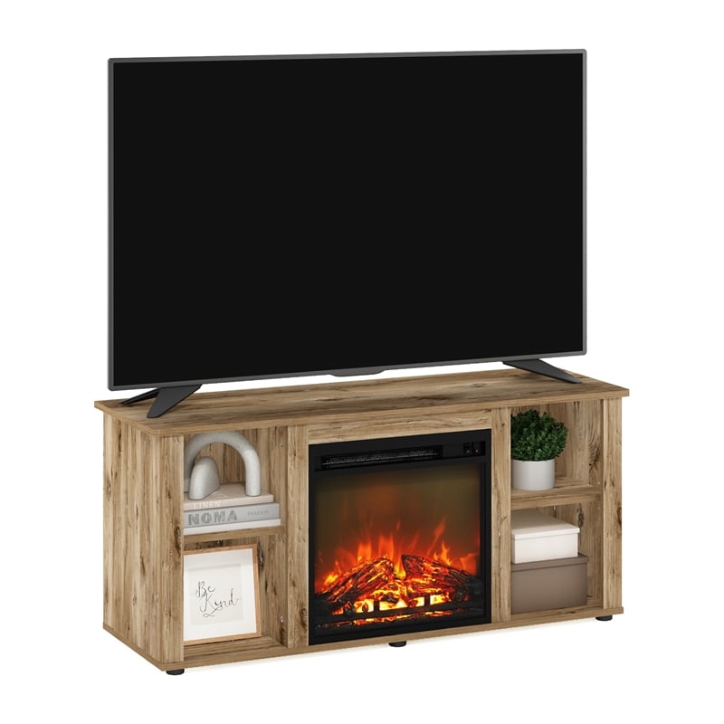 Furinno JENSEN Entertainment Center TV Stand with Fireplace for TV Flagstaff Oak