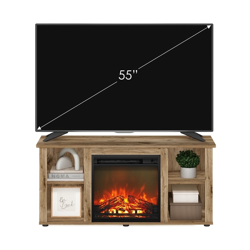 Furinno JENSEN Entertainment Center TV Stand with Fireplace for TV Flagstaff Oak