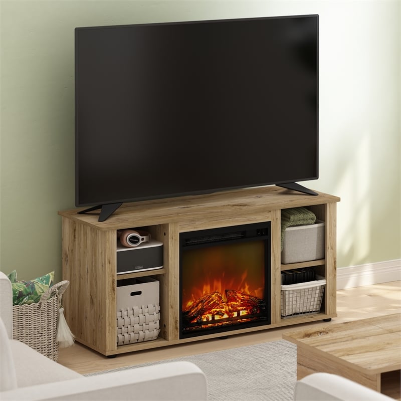 Furinno JENSEN Entertainment Center TV Stand with Fireplace for TV Flagstaff Oak