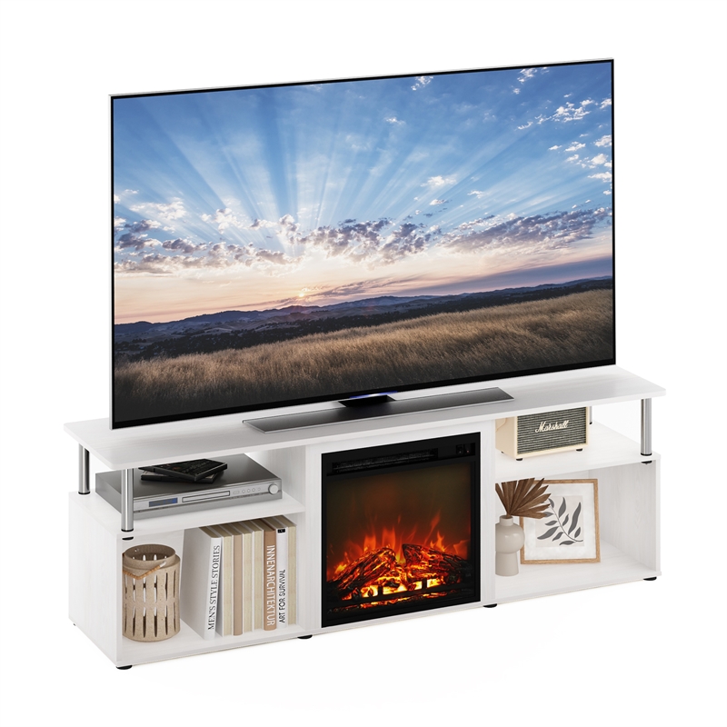 Furinno JENSEN Open Storage Fireplace Entertainment White Oak/Stainless Steel