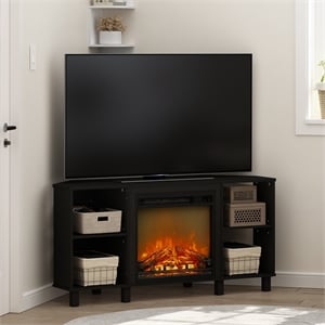 Furinno JENSEN Corner Fireplace TV Stand with 4 Open Compartments for Americano