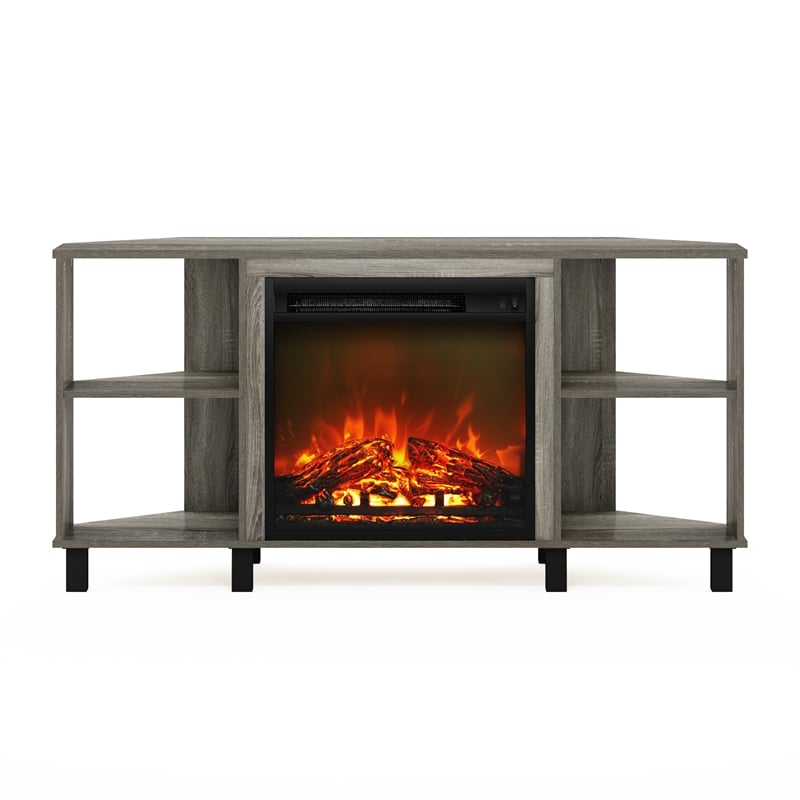 Furinno JENSEN Corner Fireplace TV Stand with 4 Open French Oak Grey