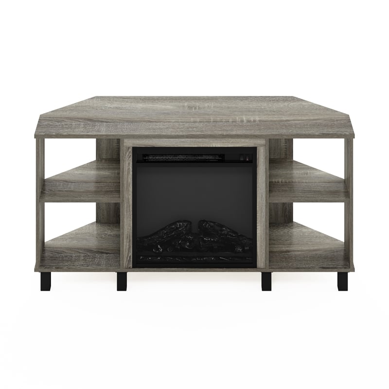 Furinno JENSEN Corner Fireplace TV Stand with 4 Open French Oak Grey