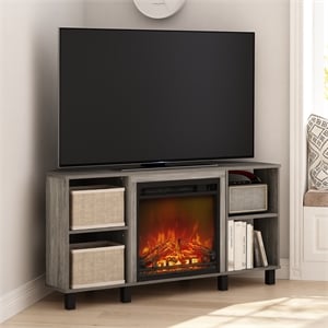 Furinno JENSEN Corner Fireplace TV Stand with 4 Open French Oak Grey