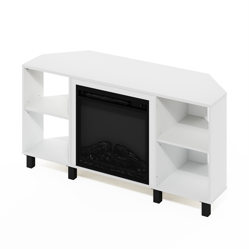 Furinno JENSEN Corner Fireplace TV Stand with 4 Open Compartments Solid White
