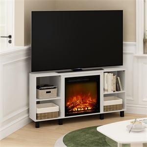 Furinno JENSEN Corner Fireplace TV Stand with 4 Open Compartments Solid White