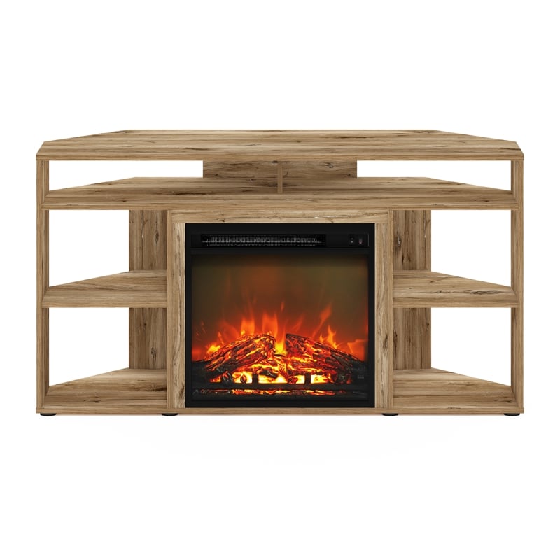 Furinno JENSEN Corner TV Stand with Fireplace for TV up to 55 Flagstaff Oak